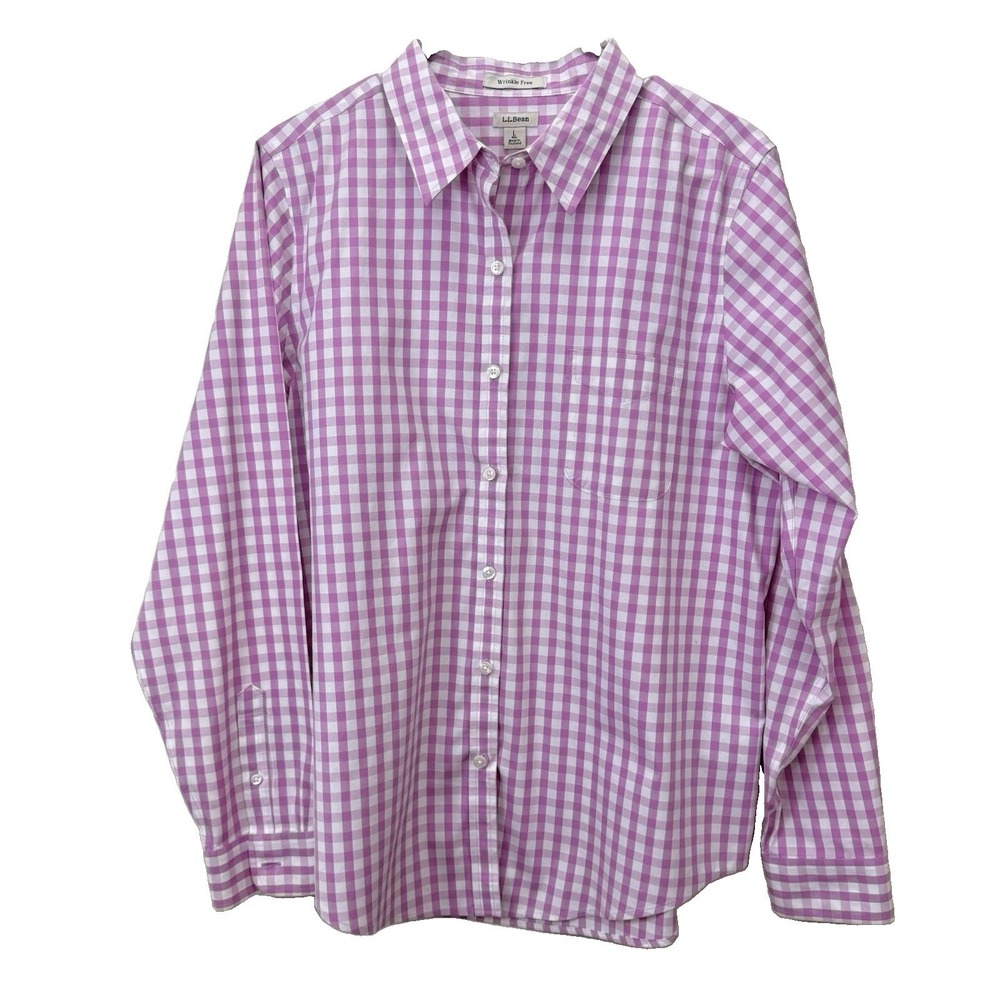 LL Bean Gingham Long Sleeve Wrinkle Free Pinpoint Oxford Button Shirt LARGE - Picture 3 of 10
